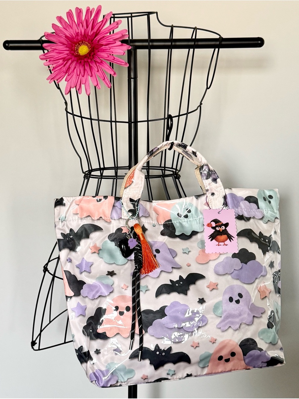 New Halloween Pastel Ghosts & Bats PVC Handbag Purse Tote Bag w/ Charm - Picture 2 of 10